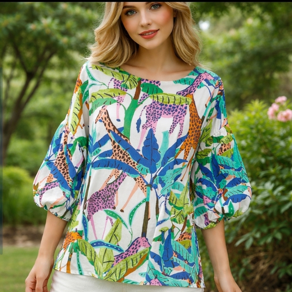 Olephant Puff Sleeves Top Colorful Giraffe Print Tunic Size 2XL Cotton Safari